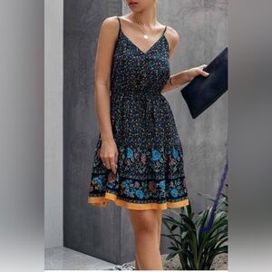 Women's Pretty Garden Casual Summer Sun Dress Blue and Orange Floral